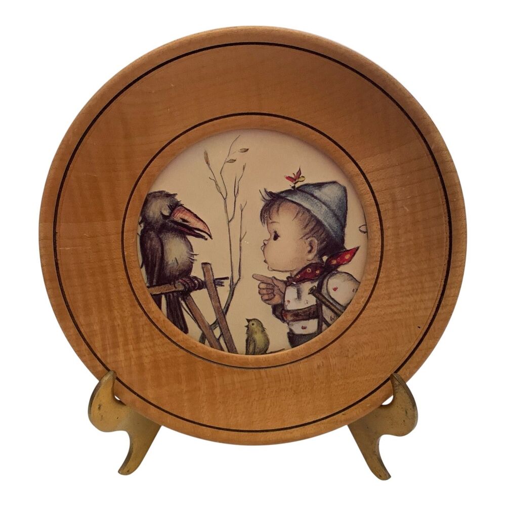 Goebel Hummel Picture Small Wooden Round Frame W. Germany Boy & Birds Crow 6 in.